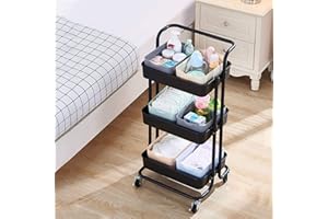 N/Q LEMROE 3 Tier Storage Trolley with Plastic Shelves and Metal Frame Organiser Rolling Storage Cart with Wheels (Black)