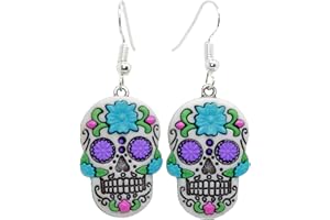 Bluebubble DIA DE LOS MUERTOS Blue Flower Skull Dangle Earrings on Gift Card