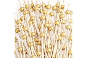 NADAKIN 200 Pcs Cocktail Picks, 4.7 Inch Bamboo Skewers for Appetizers, 12cm Mini Handheld Food Pick for Drinks, Desserts, Wedding, Party Fancy Toothpicks, Gold Ball Decorative Charcuterie Board Supplies
