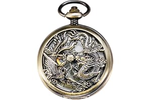 TREEWETO Orologio da taschino da uomo con catena analogica a carica manuale antico drago fenice scheletro bronzo