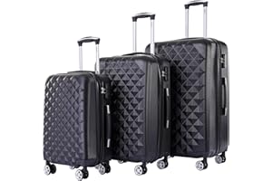 aqua lotus 3 TLG. Koffer Trolley Kofferset Reisekoffer M-L-XL-Set Lotus Karo (Schwarz), Reißverschlussteiler|Kratzfest