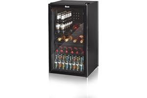Swan 80L Glass Fronted Under Counter Beer and Drinks Fridge, 3 Shelves, Interior Light, Adjustable Thermostat, Reversible Door and Adjustable Feet, E Energy Rated, Black, SR12030BN