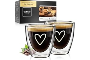 ElbFuchs® Tasse double paroi espresso [2x 80ml] IDÉE CADEAU avec COEUR | Tasse espresso transparente | Verre double paroi | Tasse à café original | Tasses à expresso double paroi