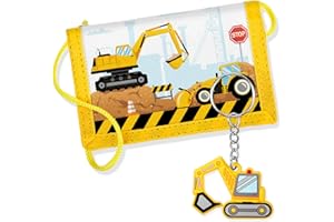 Hestya Kinder Brustbeutel - Dreifach Gefaltete Geldbörse mit Schlüsselanhänger, Portemonnaie zum Umhängen Geschenk für Jungen & Mädchen (Baustelle-Bagger)