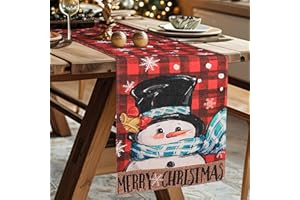 CINKEE Runner da tavola Natalizio 35x240cm,runner da tavola natalizio decorazioni tavolo cucina,decorazioni festa di Natale-rosso-nero a scacchi e pupazzo di neve