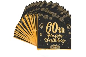 ONSOLO Black Gold 60th Birthday Decorations Kit Paper Napkins with Fashionable Design, 20pcs 60th Birthday Personalised Unique Serviettes Napkins Suitable for Men Women 60th Party Banquets