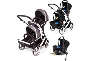 Kids Kargo Duellette Hybrid Double Tandem Pushchair Buggy (Silver with 2 Isofix Car Seats & 2 Isofix Bases)