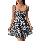 Aahwan Women Fit and Flare Blue Summer Vacation Style Floral Print Spaghetti Strap with Shoulder Ties Mini Dress