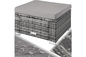 TecTake® Garden Stool & Ottoman, Footstool made of Weatherproof Polyrattan & Steel Frame. Compact, Water and Dirt-Resistant. XL Thick Cushion with Water-Resistant Cover. Outdoor Furniture - Grey