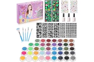 BEVISTY Glitter Tattoo Set for Girls & Adults - 42 Colours Temporary Tattoos, 215 Rhinestones, 204 Stencils, 24 Glitter Powders, 3 Glue, 5 Brushes