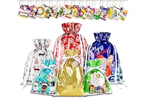 AUERVO 30PCS Christmas Drawstring Gift Bags with Tags, 6 Different Designs Wrapping Bags 4 Sizes X-Large,Large,Medium and Small Holiday Present Goody Bags for Xmas Holiday Party