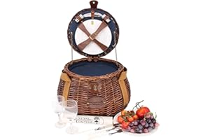 Les Jardins de la Comtesse - Kleiner runder Picknickkorb Tuileries - Komplett für 2 Personen - Feste isotherme Kühlfach - Keramikteller und Weingläser aus Glas - Durchmesser: 43 cm