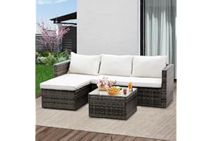 Lishetimig Outdoor Patio Furniture Sets, 3-Piece Rattan Garden Furniture Set, L-Shape Patio Seating Sofas with Glass Coffee Table and Cushions for Outside, Garden, Balcony, Porch, Poolside