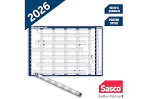 Sasco 2026 Wall Planner, Poster Style Year Calendar with Wet Wipe Pen & Stickers, 91.5x61cm, Blue, Wall Calendar 2026 UK and ROI Holidays Marked, Designed for Office, Home, School, and Family Use