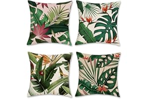 Bonhause Federe per Cuscini Foglie Tropicali 45 x 45 cm Copricuscini Decorativi Foglie Pianta Verdi Poliestere Biancheria Estate Federa per Cuscino Divano Letto Casa Decorazione Set di 4