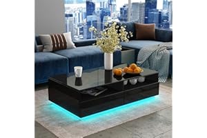 Senvoziii LED Couchtisch für Wohnzimmer, Beistelltisch Moderner Holztisch, Schwarz Glanz Kaffeetisch mit 4 Schubladen Lagerung für Zuhause