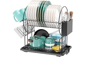 niffgaff 2-Tier Black Dish Drying Rack for Kitchen Countertop - Stainless Steel Dish Drainer with Drip Tray, Draining Board & Utensil Holder & cup holder for Small Spaces