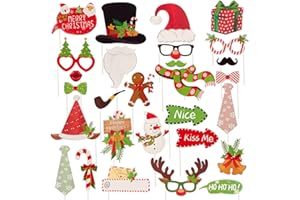 SUNBEAUTY 28 Pcs Christmas Party Photo Booth Props Photo Booth Christmas tree Santa hat Snowman Christmas bells Socks Paper Eyeglasses for Christmas Party Supplies Photo Booth Props