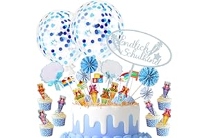 LLNRC Einschulung Tortendeko,Endlich Schulkind Schulanfang Tortendeko,Kuchendeko Mit ABC 123 Zuckertüte Konfetti Ballon Deko Tortenaufsätze Torten Cupcake Muffin Topper für Junge Mädchen Party Deko,Blau