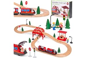 Tippi Wooden Train Set - 44 Piece Train Track With Battery Powered Train - Wooden Toys For 2-5 Year Old Boys - Kids First Train Set