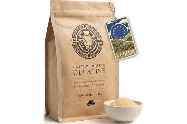 Gélatine de bœuf - 500 g - Gélatine bovine pure - 240 Bloom - Gélatine riche en collagène pour la cuisine, la boisson et le bouillon d'os - Origine européenne