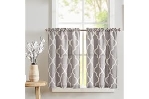 TOPICK Zazdrostki, nowoczesne, do salonu, bistro, zestaw 2 sztuk, z rombem, do kuchni, o wyglądzie lnu, krótkie, wys. 90 x 65 cm, zasłony kuchenne, styl dworkowy, białe na jasnoszarym