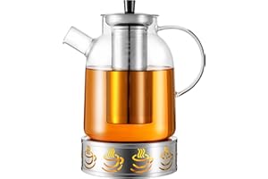 HEMOLY 1,8 Liter -Teekanne aus Glas mit Edelstahl–Borosilikatglas & Stövchen– Tropffrei, Hitzebeständig, Spülmaschinenfest