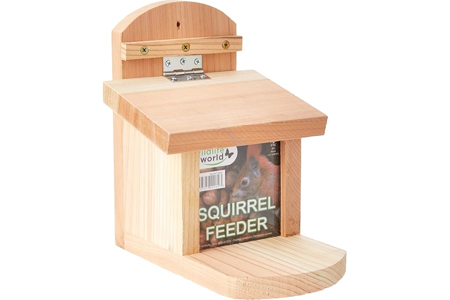 Wildlife World Wooden Squirrel Feeder Box with Lift up Lid, Tried and Tested with special HI SPEC non corrosive hinge and rain baffle bar.