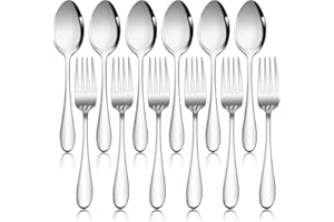 Joyfair - Set di 12 forchette e cucchiai, in acciaio inox, per casa, ristorante, hotel, lucido e lavabile in lavastoviglie, 6 cucchiai (18,8 cm) + 6 forchette da tavola (19 cm)