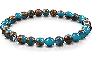 FABACH Blauer Goldstein Perlenarmband mit 6mm Edelstein-Perlen und 925 Sterling Silber Logo-Perle - Edles Naturstein Stretch-Armband für Damen (Gold-Blau)