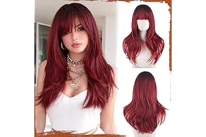 Sofeiyan Perruque Longue Dégradé avec Franges pour Femmes 60cm Lisses et Ondulés Cheveux Synthétiques Vague Perruques Naturelle Droitepour Halloween/Noël,Rouge Bordeaux
