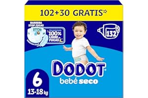 Dodot Pañales Bebé-Seco, Talla 6 (13-18 kg), 132 Pañales + Regalo de 1 Pack de 10 Toallitas Aqua Pure 99% Agua, Una Noche Hasta Un 100% Libre De Fugas, Pack mensual