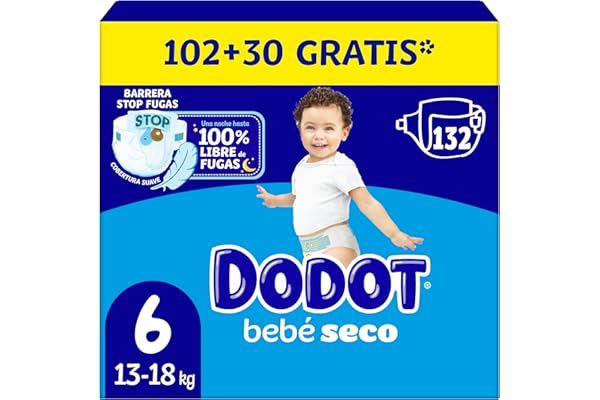 Dodot Pañales Bebé-Seco, Talla 6 (13-18 kg), 132 Pañales + Regalo de 1 Pack de 10 Toallitas Aqua Pure 99% Agua, Una Noche Hasta Un 100% Libre De Fugas, Pack mensual