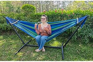 GOCAN - Amaca doppia per 2 persone, grande, 220 x 160 cm, con supporto in acciaio e asta di espansione rimovibile, capacità di carico 225 kg., in tela di cotone, per esterni e interni, blu