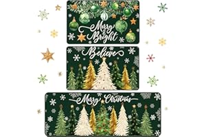 Drydiet 3 Pcs Christmas Kitchen Rug and Mat Set Washable Green Xmas Tree Kitchen Floor Mat Waterproof Non Slip Farmhouse Merry Christmas Doormat Holiday Xmas Decor for Home Office Bathroom Party Decor