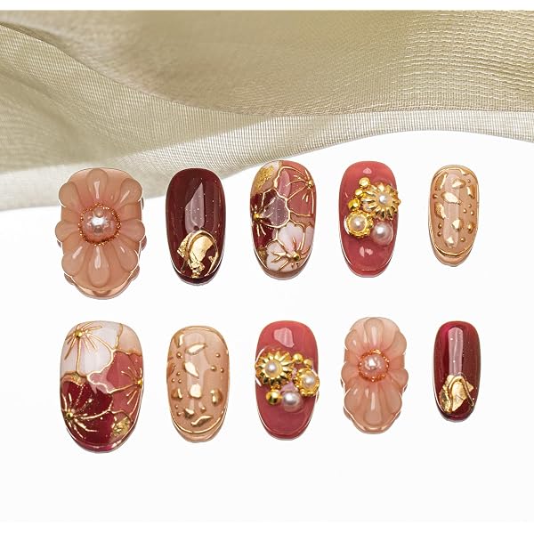 Sun&Beam Nails Press-On Nägel Kurz & Rund – Braun-weiß Design Mit 3D Perlen, Inkl. Klebepads