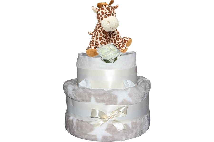 Nappy Cake Giraffe Unisex Star Neutral Design Plush Rattle Toy Baby Shower New Parents Baby Birth Gift