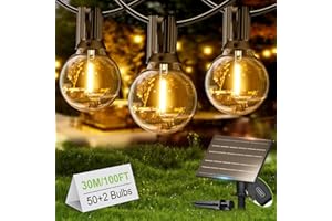 Yuusei Luces Exterior Solar 30m/100ft, G40 IP45 Al Aire Libre Jardín Luces De Cadena Con 50+2pcs LED Inastillable Bombillas, Impermeable Para Patio Trasero Bistro Fiesta Yard