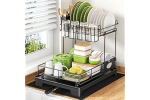 BKXCHA Dwupoziomowa Suszarka do Naczyń, Automatyczny Drenaż Ociekacz do Naczyń z Tacą Ociekową i Matą Ociekową