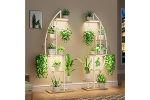 BACEKOLL 63" Metal Plant Stand Indoor With Grow Lights - 6 Tiered Tall Shelf for Multiple Plants, Half-Moon Rack Display, Holder for Living Room, Patio - White