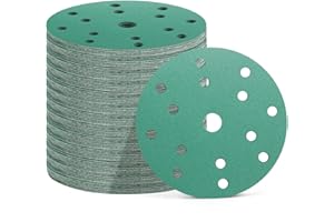 Pfloge® 50 PCS Discos de Lija 150 mm, 15 Agujeros, 10 Piezas Grano 60/80/120/180/400, Papel de Lija para Lijadora Excéntrica y Lijadora Orbital (Verde(P60/P80/P120/P180/P400))