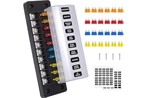 GUNGY Caja Fusibles 10 Vías Portafusibles 12V Porta Fusibles Coche con 24 Fusibles y Pegatinas para Coche Barco Camper Camión