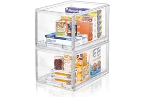 LINYAPRY - 2 contenitori impilabili in plastica con cassetto estraibile, grandi contenitori in acrilico trasparente per frigorifero, dispensa, frigorifero, organizzazione e conservazione