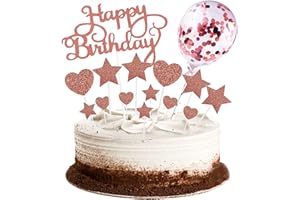 saizone Decoración para Tarta, 15 PCS para Tartas de Feliz Cumpleaños, Estrellas, Corazón, Cupcakes con Globo Brillante, Cupcakes de Cumpleaños, Decoración para Fiesta （Oro Rosa）