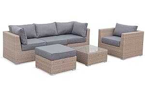 ALICE'S GARDEN sweeek - Muebles de jardín de Resina Trenzada Redondeada - Vinci - Estilo Mimbre, de Resina Natural, Cojines Grises Oscuros - 5 plazas, de Primera Calidad