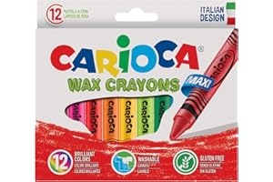 CARIOCA Pastelli Maxi Wax, Pastelli a Cera Lavabili con Punta Grossa per Bambini, Morbidi e Scorrevoli, Colori Assortiti e Brillanti, Facili da Temperare, 12 Pezzi