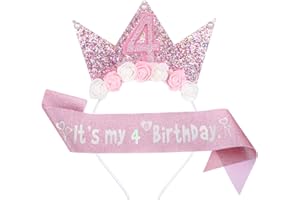 TEAAHA Birthday Crown It's My Birthdays Sash 4/5/7th Birthday Decorations for Girls, 4/5/7 Year Old Pink Birthdays Girl Sash and Tiara Outfit Glitter Flower Princess Crown Headband for Party (Number 4)