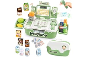 KalaDuck 2 In 1 Cash Register for Kids age 3, 42PCS Toy Till Cash Register with Scanner, Toy Money, Play Food and Walkie Talkie, Role Play Supermarket Grocery Play Shop Gift for Boys Girls (Green)