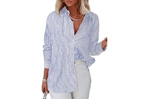 Homlan Blusa de Manga Larga para Mujer, a Rayas, Informal, Cuello en V, Camisa de Trabajo, Holgada, con Botones