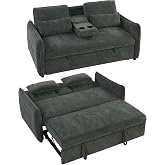 HOMCOM Sof&aacute; Cama 2 Plazas 3 en 1 Mesa Auxiliar 2 Almohadas Gris Oscuro | Sof&aacute; Cama de Chenilla, Portavasos, Respaldo Ajustabl